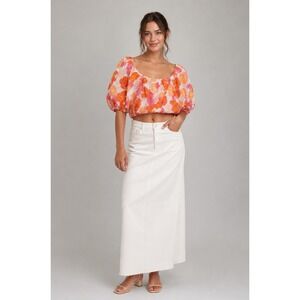 Cynthia Rowley Crop Off Shoulder Festival Resort Top Large White Floral Linen